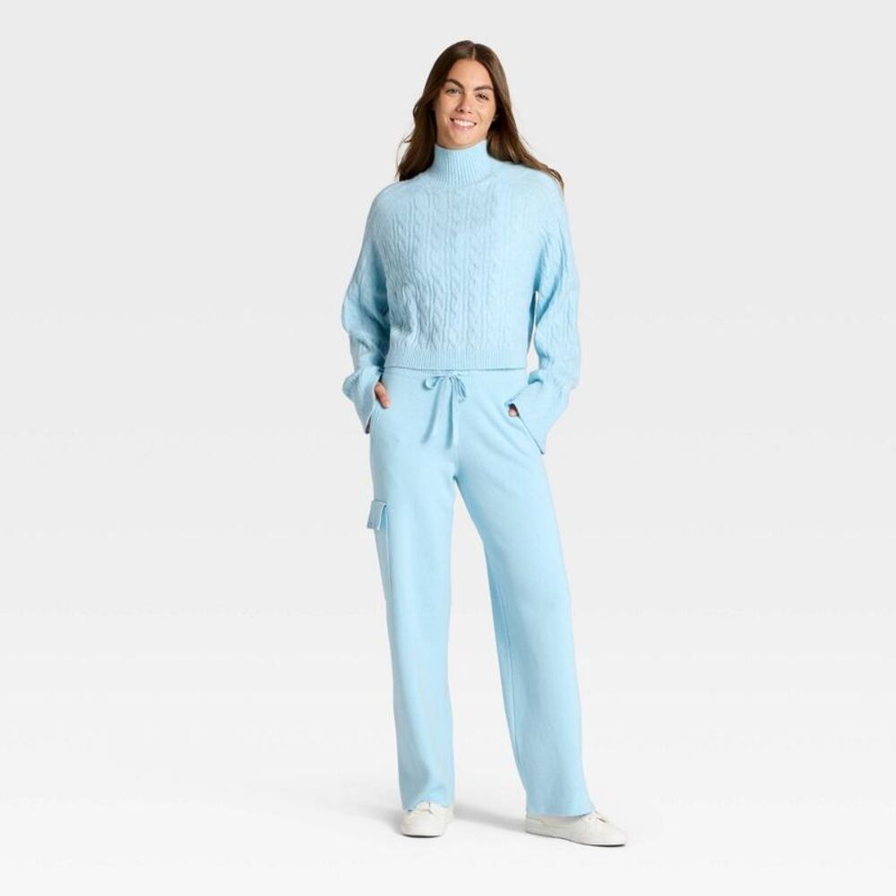 Women's Mock Neck Cable Knit Sweater - JoyLab Light Blue S - Picture 3 of 4